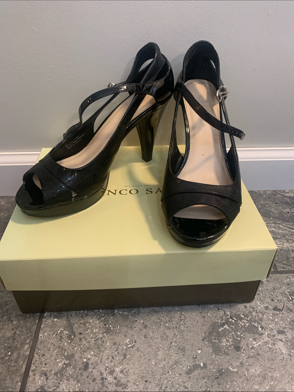 Franco Sarto Black Patent Peep-Toe Slingbacks